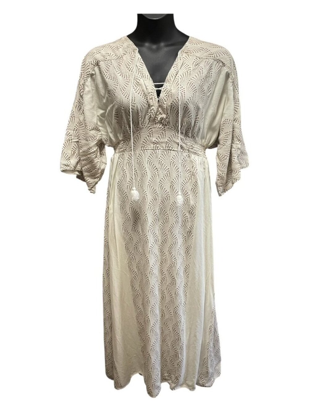 Cato Tropical Bohemian Smocked Kimono Sleeve Dress Ivory Beige Tassel Tie 14/16W